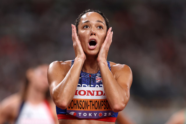 Bronze medalist Katarina Johnson-Thompson of Team Great Britain reacts after competing in the 800 Metres leg in the Heptathlon on day eight of the World Athletics Championships Tokyo 2025 at National Stadium on September 20, 2025 in Tokyo, Japan. (Photo by Emilee Chinn/Getty Images)