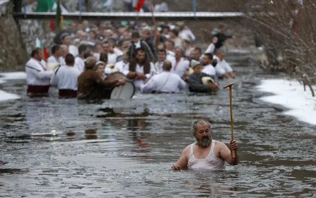 A Bulgarian man wades in the icy waters of the Tundzha river, in front of others who are dancing and singing during a celebration to commemorate Epiphany Day in the town of Kalofer January 6, 2015. (Photo by Stoyan Nenov/Reuters)