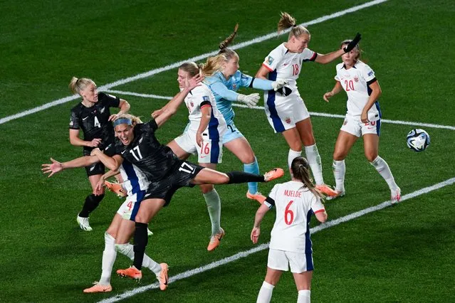 (L to R) New Zealand's defender #04 Catherine Bott, New Zealand's forward #17 Hannah Wilkinson, Norway's defender #16 Mathilde Harviken, Norway's goalkeeper #23 Aurora Watten Mikalsen, Norway's midfielder #18 Frida Maanum and Norway's midfielder #20 Emilie Haavi fight for the ball during the Australia and New Zealand 2023 Women's World Cup Group A football match between New Zealand and Norway at Eden Park in Auckland on July 20, 2023. (Photo by Saeed Khan/AFP Photo)