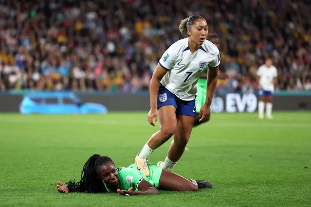 Lauren James of England stamps Michelle Alozie of Nigeria later shown a red card after the Video Assistant Referee review during the FIFA Women's World Cup Australia & New Zealand 2023 Round of 16 match between England and Nigeria at Brisbane Stadium on August 07, 2023 in Brisbane / Meaanjin, Australia. (Photo by Elsa - FIFA/FIFA via Getty Images)