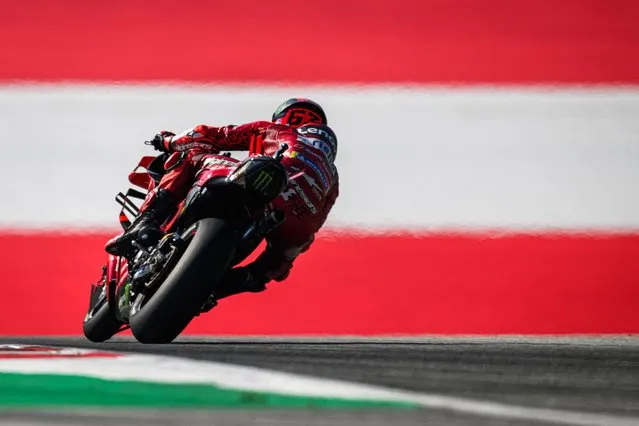 Ducati Lenovo Team Italian rider Francesco Bagnaia rides his bike during the warm up session of the MotoGP Austrian Grand Prix at the Red Bull Ring racetrack in Spielberg bei Knittelfeld, Austria, on August 20, 2023. (Photo by Jure Makovec/AFP Photo)
