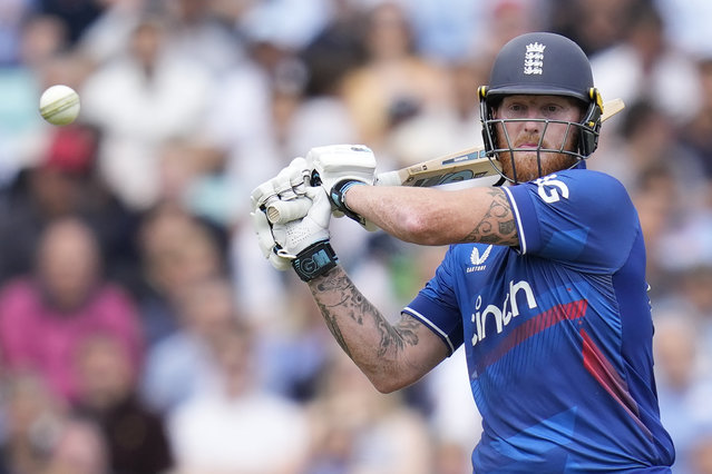 England's Ben Stokes plays a shot off the bowling of New Zealand's Kyle Jamieson during the One Day International cricket match between England and New Zealand at The Oval cricket ground in London, Wednesday, September 13, 2023. (Photo by Kirsty Wigglesworth/AP Photo)