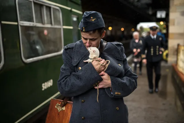 A wartime reenactor cuddles a ferret as they prepare to board a train during a reenactment-themed weekend, the annual “Railway in Wartime” event held along the North Yorkshire Moors Railway, in Pickering, northern England on October 14, 2018. This year's focus will be a celebration of Victory in Europe! From Friday 12th to Sunday 14th October, re-live the amazing spirit and camaraderie of World War II and enjoy various war-themed entertainment and vehicle displays along the line. (Photo by Oli Scarff/AFP Photo)