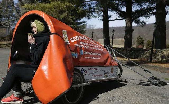 Sixty-eight year old cross-country runner Rosie Swale-Pope bundles up against the morning chill while sitting in her cart, “The Icebird”, in Upperville, Virginia March 13, 2015. (Photo by Gary Cameron/Reuters)