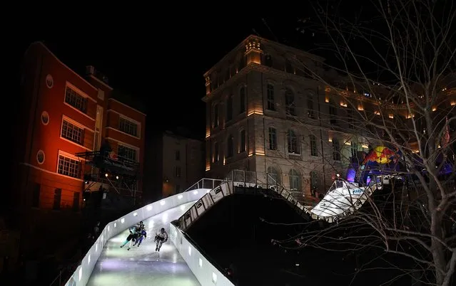 Ice skaters compete in the “Redbull Crashed Ice”, the Ice Cross Downhill World Championship,  in Marseille, France on January 14, 2017. (Photo by Anne-Christine Poujoulat/AFP Photo)