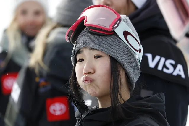 Reira Iwabuchi of Japan, fifth place finisher reacts as she waits for the podium ceremony for the Snowboard Slopestyle, where the awards are based on qualification times and not race times due to weather related cancelation at Park City Mountain for the FIS World Championships in Park City, Utah, USA, 10 February 2019. (Photo by Jeff Swinger/EPA/EFE)