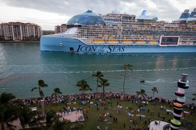 Royal Caribbean's “Icon of the Seas”, billed as the world's largest cruise ship, sails from the Port of Miami in Miami, Florida, on its maiden cruise, January 27, 2024. (Photo by Marco Bello/AFP Photo)