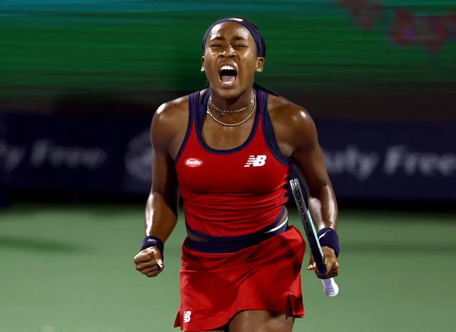Coco Gauff of the United States celebrates victory over Karolina Pliskova of Czech Republic in their third round women's singles match during the Dubai Duty Free Tennis Championships, part of the Hologic WTA Tour at Dubai Duty Free Tennis Stadium on February 21, 2024 in Dubai, United Arab Emirates. (Photo by Amr Alfiky/Reuters)