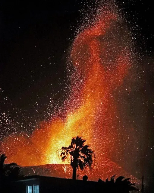 The Cumbre Vieja volcano expels lava and ashes near La Palma, Canarie Islands, Spain, late 06 November 2021 (issued 07 November 2021). The​ volcano began to erupt 19 September. (Photo by Elvira Urquijo A./EPA/EFE)