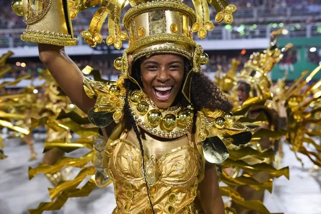 Revelers from Grande Rio Samba School perform during the night of the Carnival parade at the Sambadrome, in Rio de Janeiro, Brazil,  on February 12, 2024. (Photo by Tita Barros/Reuters)