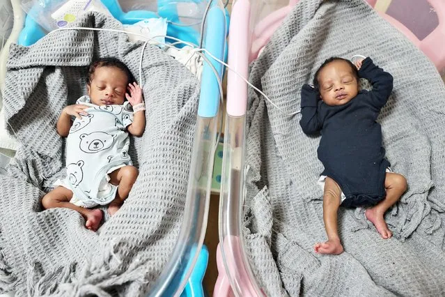 Hassan and Houssein, twins of Senegalese mother Zeynep Sauma at Dokuz Eylul University Research and Application Hospital as she gave a birth two days later with caesarean delivery when she was 34 week pregnant after being pushed by Greek forces back into Turkish territory and rescued by Turkish Coast Guards, in Izmir, Turkey on December 1, 2021. (Photo by Mahmut Serdar Alakus/Anadolu Agency via Getty Images)