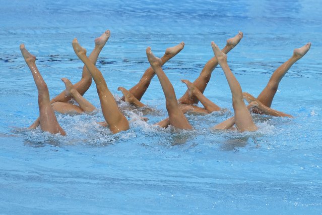 Team Greece compete during the acrobatic routine final event at the European Aquatics Championships in Belgrade, Serbia, Thursday, June 13, 2024. (Photo by Darko Bandic/AP Photo)