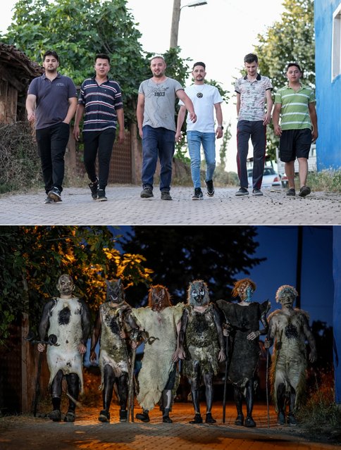 A composite image assembled of two photos showing people without costumes (top) and people with heads, tails, horns and bones from the animals they sacrifice on the Feast of Sacrifice costumes (bottom), in order to keep alive the memory of the military unit named “Deliler” in the Ottoman period, and they continue the tradition of “Alabas”, has been carried on for nearly 2 centuries, in Mustafakemalpasa district of Bursa, Turkiye on June 17, 2024. Residents of the rural Sehriman Neighborhood of the district turn the skins, heads, tails, horns and bones from the animals they slaughter on the Feast of Sacrifice into costumes. Wearing the costumes, young people suddenly stand in front of people in the neighborhood square and streets in the evening and scare them by making different sounds. (Photo by Sergen Sezgin/Anadolu via Getty Images)