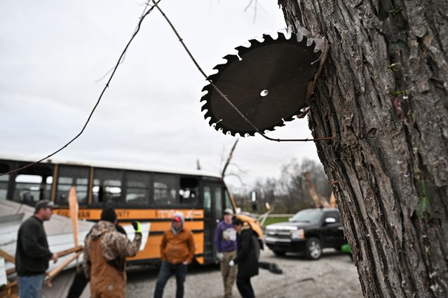 A saw blade is seen imbedded in the trunk of a tree, the day after a tornado hit Sullivan, Indiana, U.S., April 1, 2023. (Photo by Jon Cherry/Reuters)