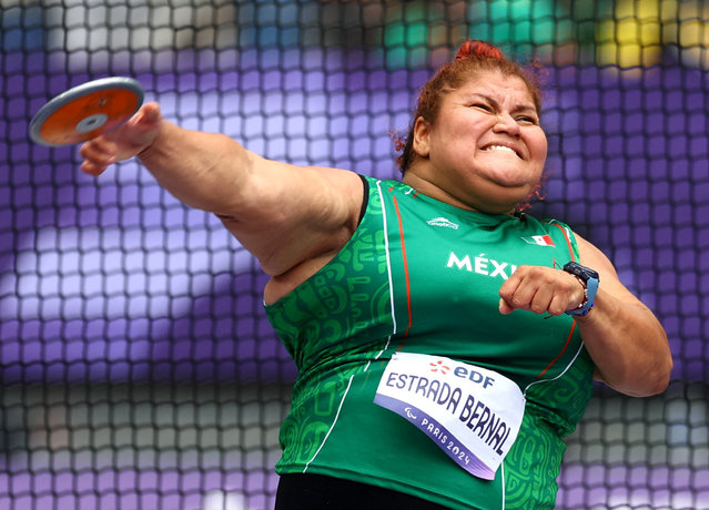 Floralia Estrada Bernal of Mexico releases the discus in the F57 final on her way to seventh place at Stade de France, Saint-Denis, France on August 31, 2024. (Photo by Ümit Bektaş/Reuters)