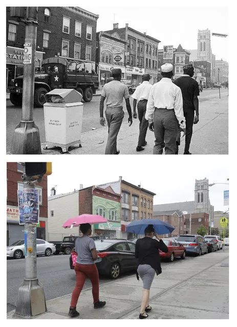 In a July 17, 1967 file photo, top, a National Guard truck rolls alone along Orange Avenue in Newark, N.J., as troops prepare to leave the city after four days of deadly violence and looting that came to be known as the Newark riots. In a June 16, 2017 photo, bottom, women stroll under umbrellas on the same stretch of street 50 years later. (Photo by AP Photo/Harry Harris, top; Julio Cortez, bottom)