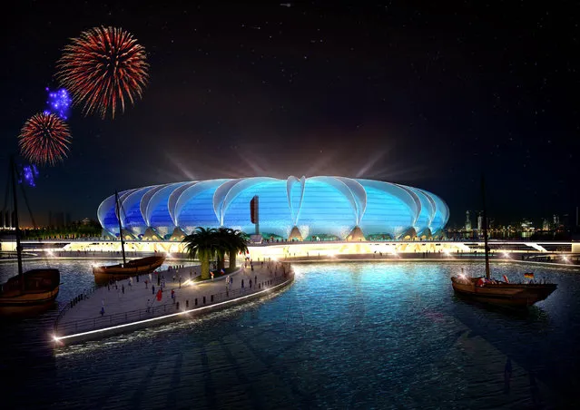 In this handout image supplied by Qatar 2022  The Doha Port stadium is pictured in this artists impression as Qatar 2022 World Cup bid unveils it's stadiums on September 16, 2010 in Doha, Qatar. The architecture of the stadium references its location by creating a shape reminiscent of a marine animal. (Photo by Qatar 2022 via Getty Images)