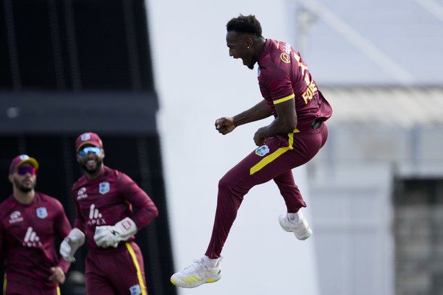 West Indies' Matthew Forde celebrates taking the wicket of England's Will Jacks during the third ODI cricket match at Kensington Oval in Bridgetown, Barbados, Wednesday, November 6, 2024. (Photo by Ricardo Mazalan/AP Photo)