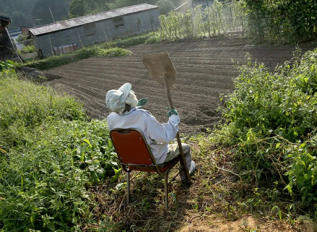 An illustration showing a scarecrow sitting in a field at Kakashi no Sato, or the Scarecrow's Hometown on September 10, 2014 in Himeji, Japan. (Photo by Buddhika Weerasinghe/Getty Images)