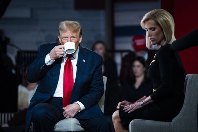 Republican presidential candidate former President Donald Trump speaks with moderator Laura Ingraham during a Fox News Channel town Hall held in Greenville, SC on Tuesday, February 20, 2024. (Photo by Jabin Botsford/The Washington Post)