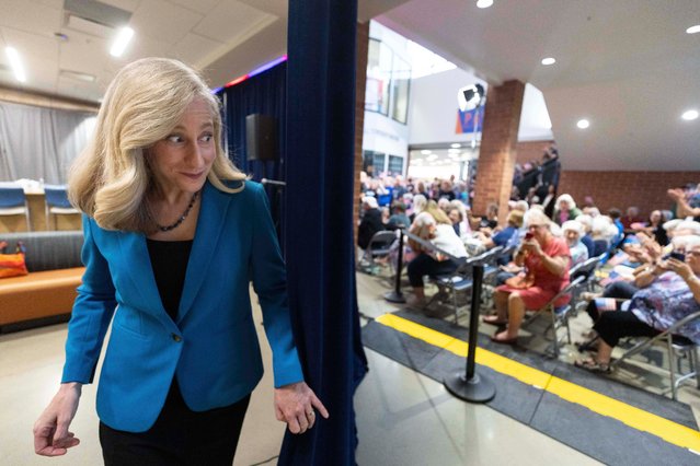 The Democratic gubernatorial candidate Abigail Spanberger prepares to take the stage at a rally at her alma mater, JR Tucker high school in Henrico, Virginia on June 16, 2025. (Photo by Mike Kropf/AP Photo)