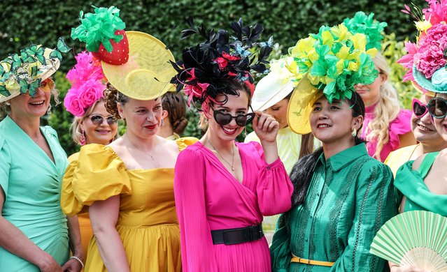 Ladies in colourful dresses and hats arrive at Ascot, UK race course for the first day of Royal Ascot on June 17, 2025. (Photo by Richard Pohle/The Times)