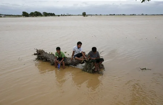 Boys rest on a huge tree trunk swept by Typhoon Koppu in a flooded village of Sta Rosa, Nueva Ecija in northern Philippines October 19, 2015. (Photo by Erik De Castro/Reuters)