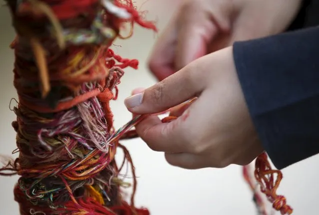 A devotee ties sacred threads around the tail of a cow during a religious ceremony in Kathmandu, Nepal November 11, 2015. Hindus all over Nepal are celebrating the Tihar festival, also called Diwali, during which they worship cows, which are considered a maternal figure, and other animals. Also known as the festival of lights, devotees also worship the goddess of wealth Laxmi by illuminating and decorating their homes using garlands, oil lamps, candles and colourful light bulbs. (Photo by Navesh Chitrakar/Reuters)