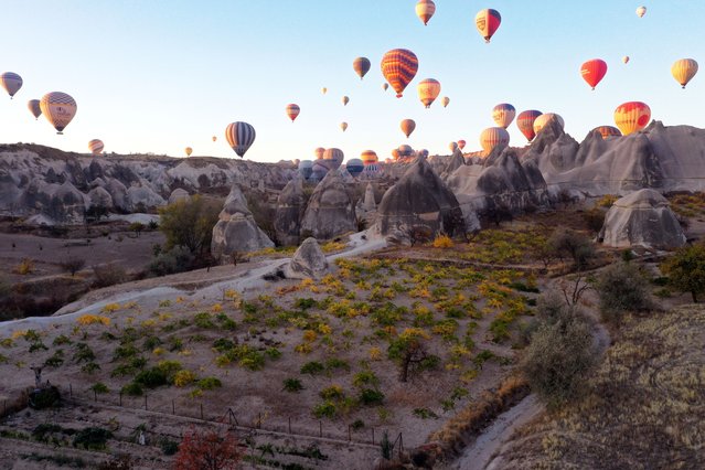 Hot air balloons fly over the fairy chimneys and valleys of Cappadocia, a UNESCO World Heritage Site, during the autumn season on October 30, 2025 in Nevsehir, Turkiye. Cappadocia, where yellowing leaves blend in with fairy chimneys, continues to welcome tourists in the autumn season. (Photo by Behcet Alkan/Anadolu via Getty Images)