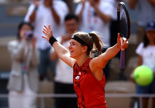 Karolina Muchova of the Czech Republic celebrates her victory against Aryna Sabalenka of Belarus in the semi-final of the singles competition on Court Philippe Chatrier during the 2023 French Open Tennis Tournament at Roland Garros on June 8, 2023, in Paris, France. (Photo by Kai Pfaffenbach/Reuters)