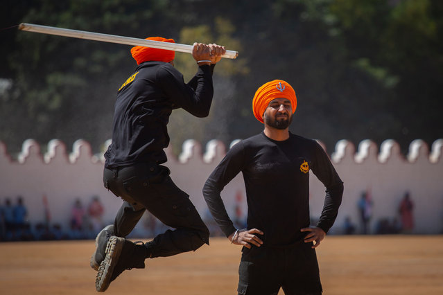 Personnel from the Punjab Regiment of the Indian Army demonstrate their weapons skill in a full dress rehearsal parade in preparation for Republic Day celebrations on January 24, 2025 in Bengaluru, India. India celebrates its Republic Day on January 26. (Photo by Abhishek Chinnappa/Getty Images)