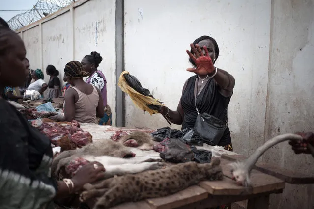 A bushmeat supplier gestures as she works at Bimbo' s big market on June 2, 2018. Most of the animals reservoir of the Ebola virus, come from Lobaye, a high- risk area on the Congo- Brazzaville border Having affected the Democratic Republic of Congo, the Ebola virus threatens to spread to the Central African Republic where the Ministry of Health, supported by the WHO, has put in place risk prevention measures. (Photo by Florent Vergnes/AFP Photo)