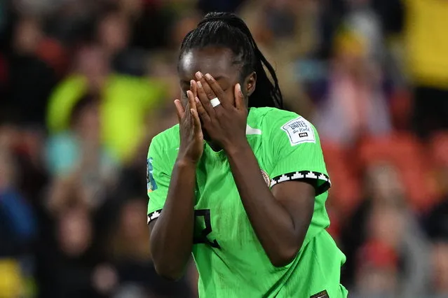 Michelle Alozie of Nigeria reacts after Chloe Kelly of England kicked the winning penalty goal during the FIFA Women's World Cup 2023 Round of 16 soccer match between England and Nigeria at Brisbane Rectangular Stadium in Brisbane, Australia, 07 August 2023. (Photo by Darren England/EPA)