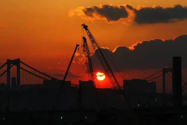 Cranes are pictured against the sunset at a construction site in the Toyosu district in Tokyo, February 12, 2015. (Photo by Thomas Peter/Reuters)