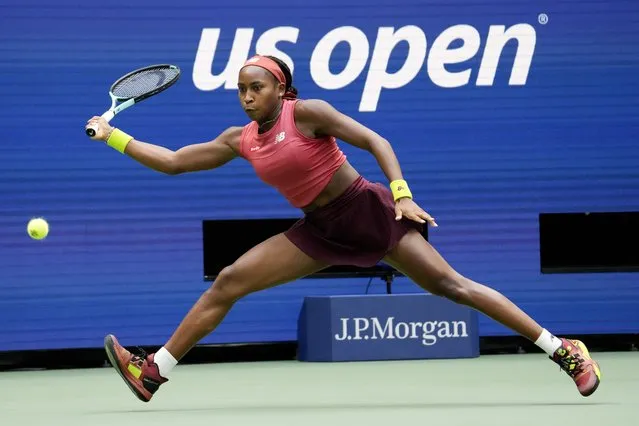 Coco Gauff, of the United States, returns a shot to Mirra Andreeva, of Russia, during the second round of the U.S. Open tennis championships, Wednesday, August 30, 2023, in New York. (Photo by John Minchillo/AP Photo)