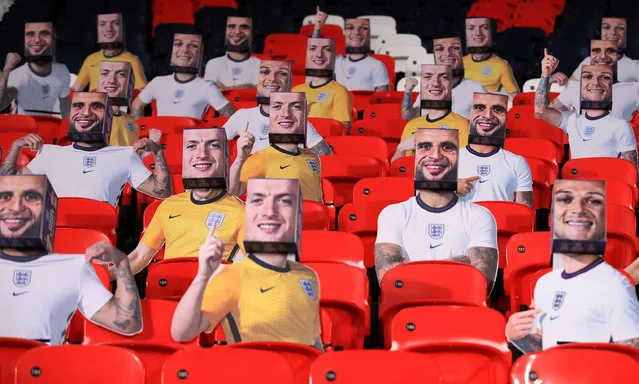 Boxhead cutouts of England players in the stands during the FIFA 2022 World Cup qualifying match at Wembley Stadium, London, United Kingdom on Thursday, March 25, 2021. (Photo by Adam Davy/PA Images via Getty Images)