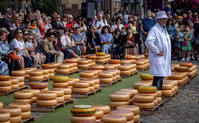 An official waits for the opening of the Gouda cheese market in Gouda, Netherlands, Thursday, August 17, 2023. The cheese market takes place very Thursday and has a 900-year-old tradition. (Photo by Michael Probst/AP Photo)