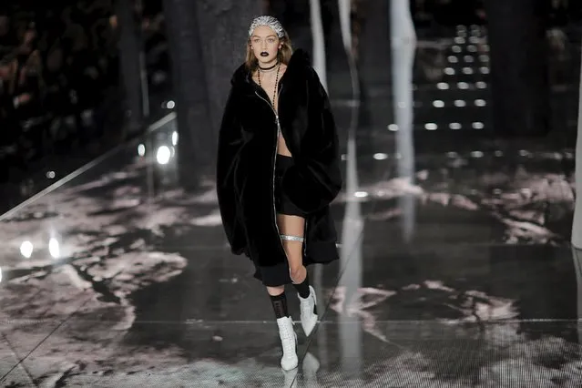 Model Gigi Hadid presents a creation from Fenty PUMA by Rihanna Fall/Winter 2016 collection during New York Fashion Week in New York, February 12, 2016. (Photo by Eduardo Munoz/Reuters)