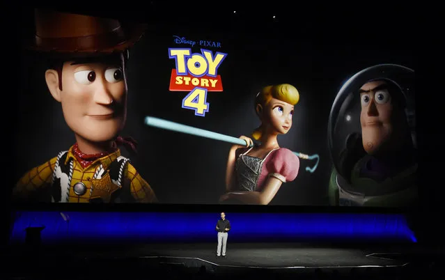 Producer Jonas Rivera of Pixar Animation Studios discusses the upcoming film "Toy Story 4" during the Walt Disney Studios Motion Pictures presentation at CinemaCon 2019, the official convention of the National Association of Theatre Owners (NATO) at Caesars Palace, Wednesday, April 3, 2019, in Las Vegas. (Photo by Chris Pizzello/Invision/AP Photo)