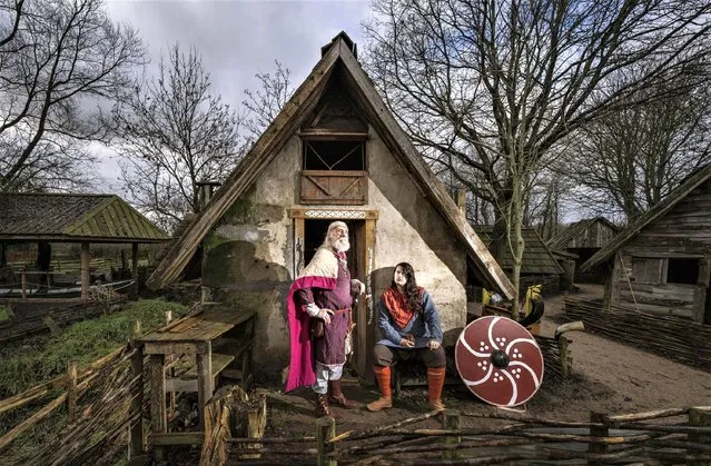 Gordon Monks (left) and Matthew Holmes (right), members of living history group the Danelaw Villagers during a demonstration on Saturday, January 14, 2023 at Murton Park living museum in York of Viking daily life as it would have been lived over a thousand years ago. (Photo by Danny Lawson/PA Images via Getty Images)