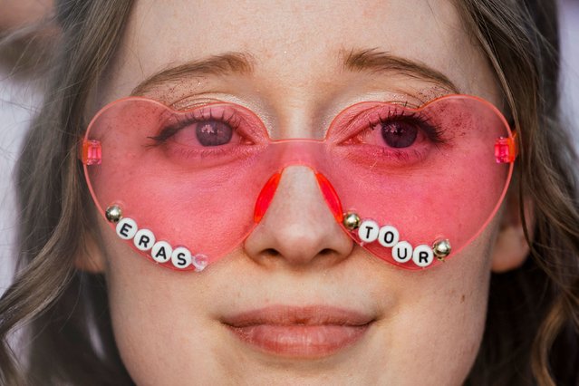 A fan sports “Eras Tour” glasses ahead of a Taylor Swift concert in Lisbon, Portugal, on Friday, May 24, 2024. (Photo by André Dias Nobre/AFP Photo)