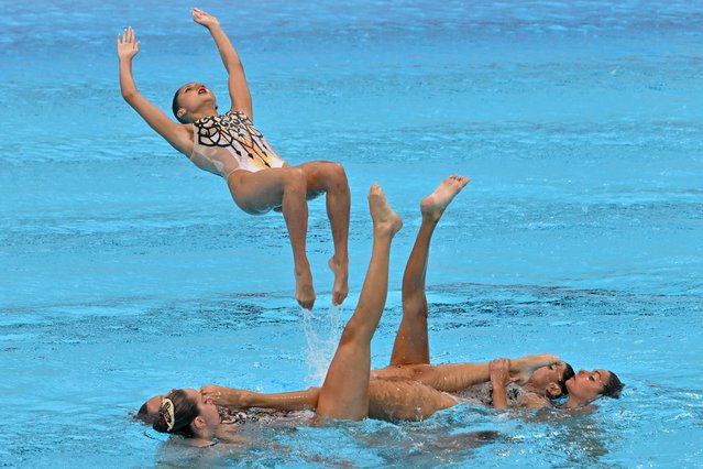 Team Italy competes in the Artistic Swimming Acrobatic Final during the LEN European Aquatics Championships, at the Milan Gale Muskatirovic sports centre in Belgrade, on June 13, 2024. (Photo by Andrej Isakovic/AFP Photo)