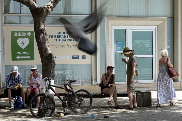 Tourists seat under a tree shadow at Eleftherias, Liberty, square in central capital Nicosia, Cyprus, on Friday, June 14, 2024. The Meteorological Department said the heatwave's highest temperatures in this days they're expected to reach 45,3 degrees Celsius (113,54 Fahrenheit) inland and 35 degrees (95 Fahrenheit) in the island's main Troodos mountain range. (Photo by Petros Karadjias/AP Photo)