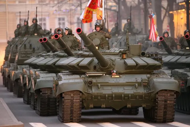 T-72 B3 battle tanks seen in St Petersburg' s Palace Square during a rehearsal of a Victory Day military parade marking the 72 nd anniversary of the victory over Nazi Germany in the 1941-1945 Great Patriotic War, the Eastern Front of World War II. (Photo by Peter Kovalev/TASS)