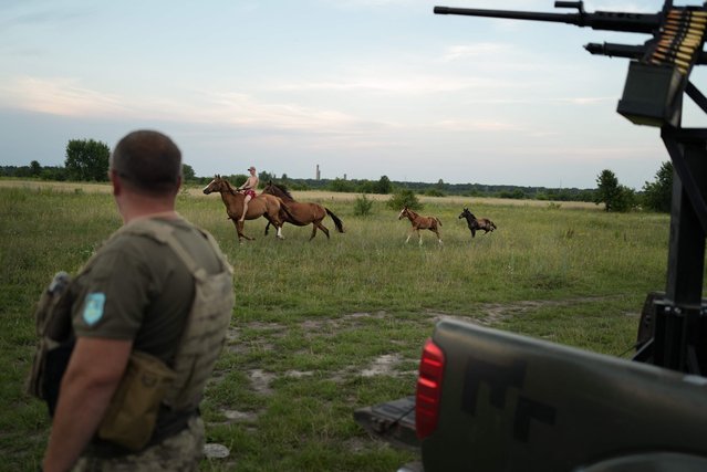 A bare-chested horse-rider (2-L) with a group of horses passe in front of Anatoly (L), a soldier of an anti-aircrafts brigade standing next to a 12.7mm calibre heavy machine gun installed on a pickup near a training field in the Khmelnytsky region on July 8, 2024. With its castle, medieval tower and river-side beach, the western Ukrainian tourist town of Starokostiantyniv doesn't seem an obvious target for Russian missile and drone strikes. But a major airbase just across the Sluch river has put the town firmly in Russia's sights – and locals fear the imminent arrival of F-16 fighter jets in Ukraine will only intensify the bombardments. (Photo by Florent Vergnes/AFP Photo)