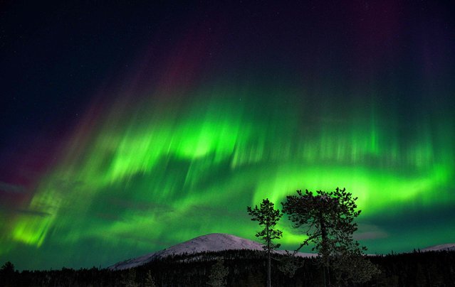 An aurora borealis, also known as Northern Lights, illuminates the night sky above the Kellostapuli Fell in Kolari, Finnish Lapland, early on January 15, 2022. (Photo by Irene Stachon/Lehtikuva/AFP Photo)