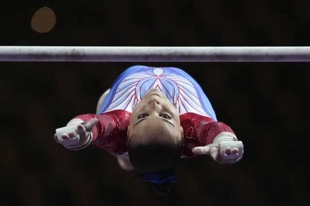 Netherlands' Vera Van Pol competes in the women's uneven bars during the European Gymnastics Championships in Munich, Germany, Thursday, August 11, 2022. (Photo by Matthias Schrader/AP Photo)