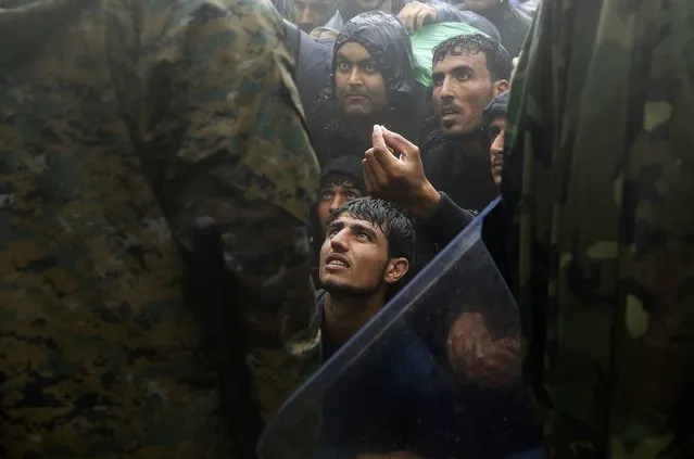 Migrants and refugees beg Macedonian soldiers to allow passage to cross the border from Greece into Macedonia during a rainstorm, near the Greek village of Idomeni, September 10, 2015. (Photo by Yannis Behrakis/Reuters)