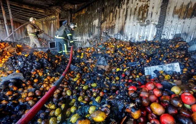 Firefighters stand on heaps of fruit while working inside burnt market stalls hit by shelling in the course of Russia-Ukraine conflict in Donetsk, Russian-controlled Ukraine on December 6, 2022. (Photo by Alexander Ermochenko/Reuters)