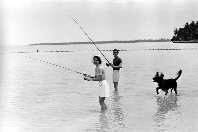 David Eisenhower, grandson of former U.S. President Dwight D. Eisenhower, and his wife Julie Nixon Eisenhower, daughter of the current President Richard M. Nixon, enjoy time off while fishing at Biscayne Bay, Fla., on May 25, 1971. With them is the president's pet irish setter King Timahoe. (Photo by AP Photo)